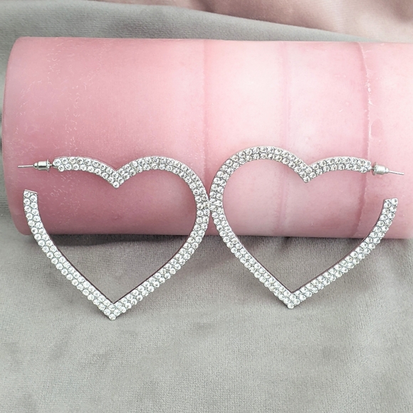 Earrings Hoop Earrings Big Hearts Shiny Crystal Rhinestone Silver Tone - Picture 9 of 12